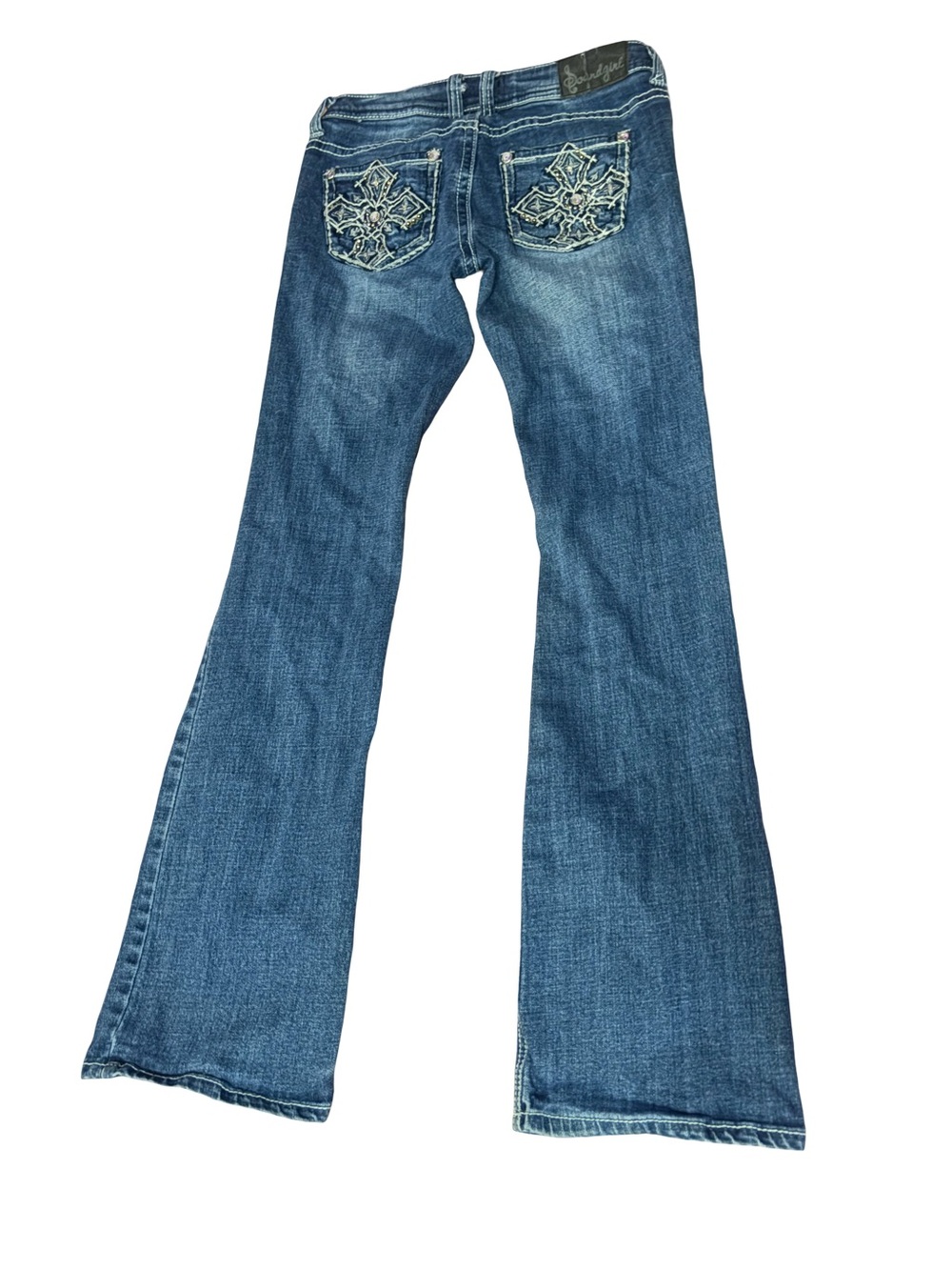 Soundgirl Y2K Bedazzled Rhinestone Cross Distressed Flare Jeans